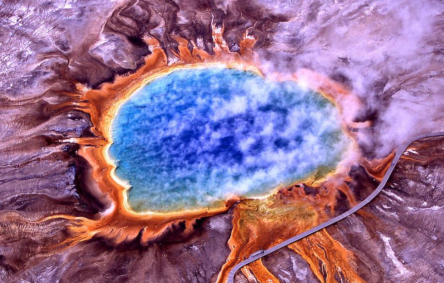 Aerial view of the rainbow-colored Grand Prismatic Spring in Yellowstone, Wyoming